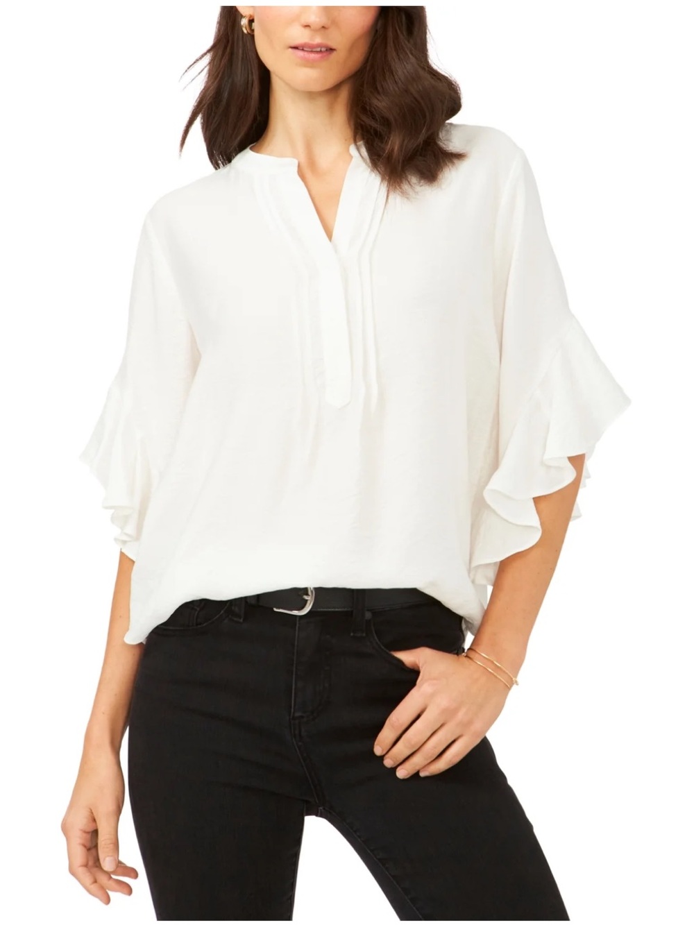 Vince Camuto White Ruffle Sleeve Split-Neck Blouse